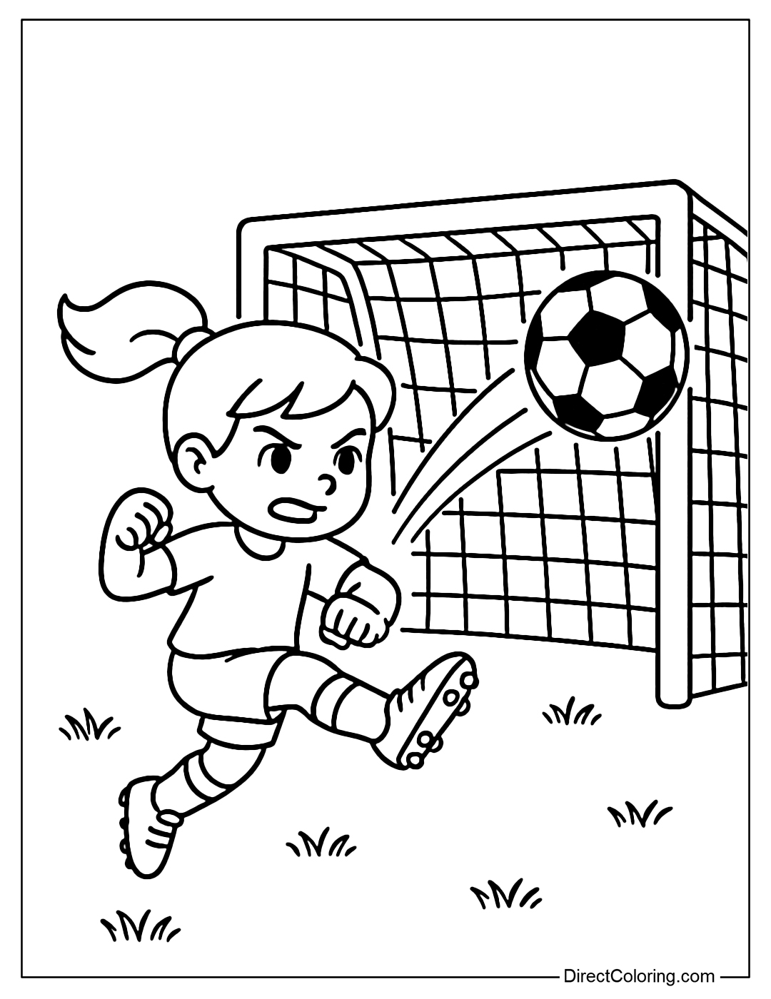 A powerful girl kicking a ball into the goal coloring page.